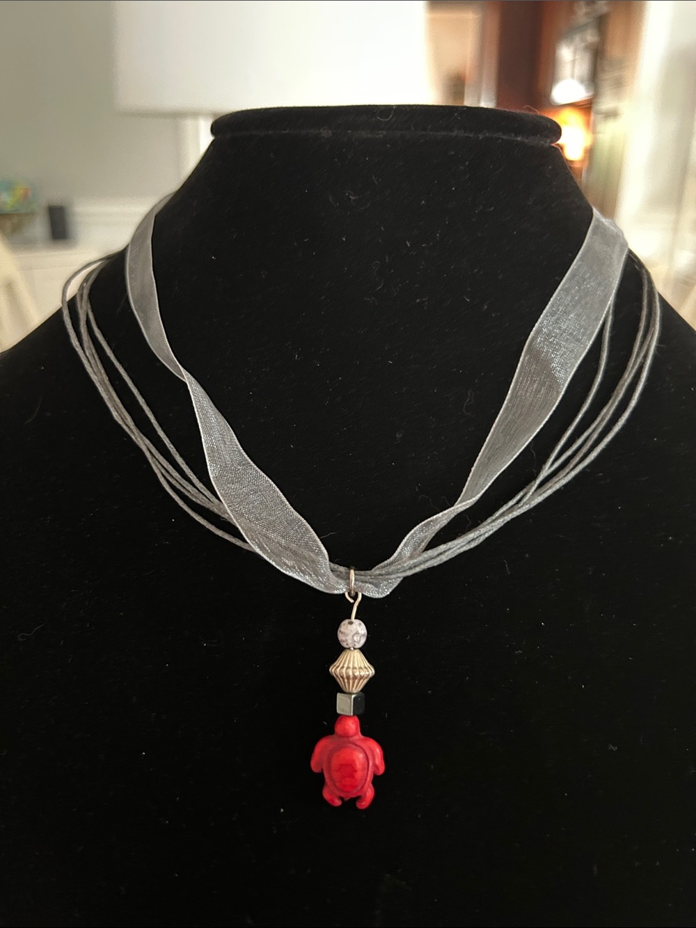 Red Turtle Pendant on Multi-Strand Ribbon Necklace
